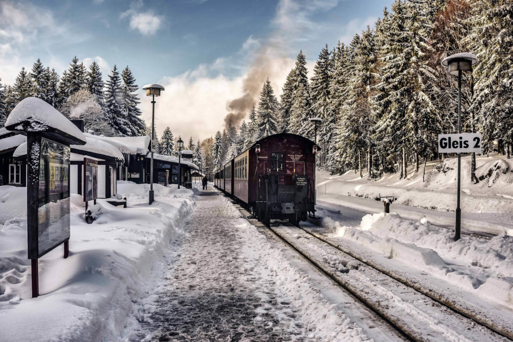 Train in snowy station