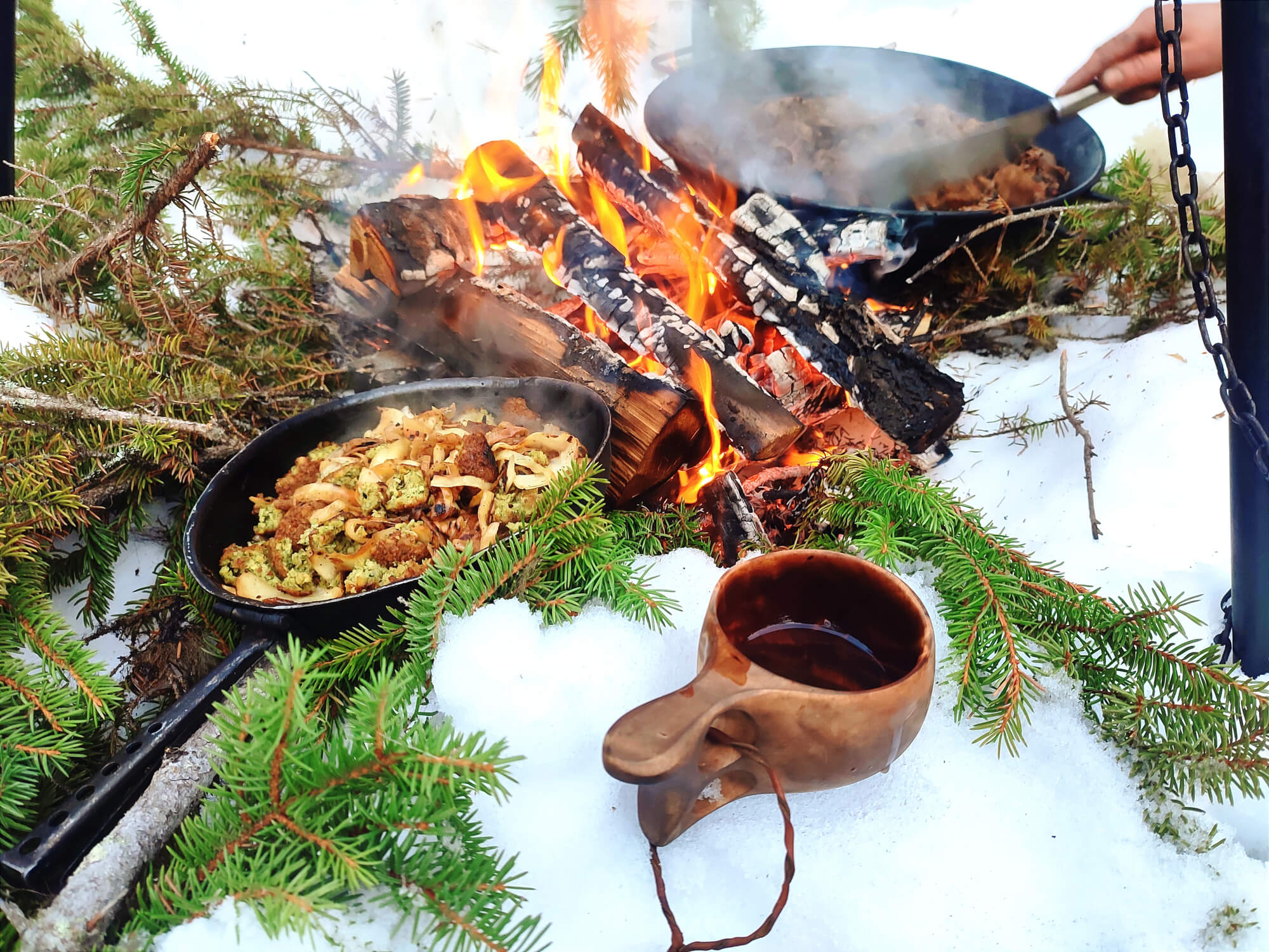 Déjeuner au coin du feu en laponie suédoise