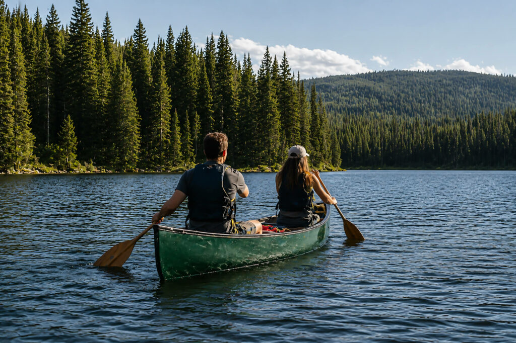 Un couple ejn canoë sur un lac en Laponie suédoise