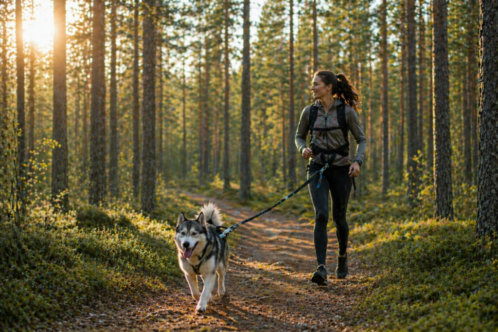 Une personne en canirando dans une forêts de Laponie en Suède