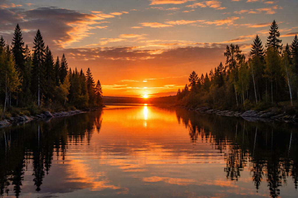 Coucher du soleil sur un fleuve en Laponie suédoise