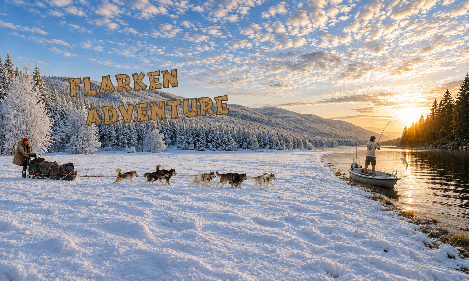 Logo accueil Flarken Adventure - un musher et un pêcheur