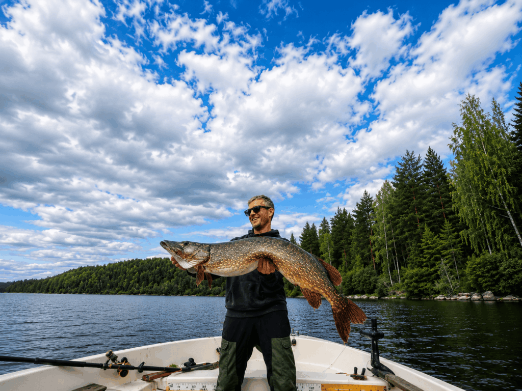 Julien, guide de pêche chez Flarken Adventure avec un beau brochet de plus d'un mètre
